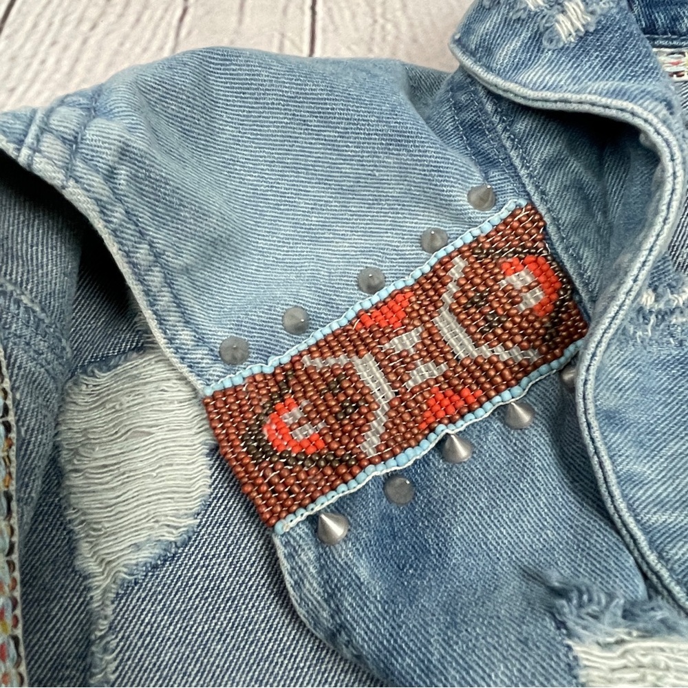 BERSHKA denim distressed vest with spikes beading, size S - Picture 5 of 16